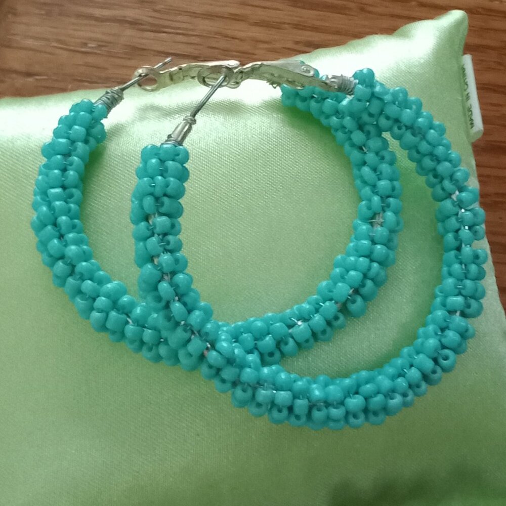 Turquoise Beaded Hoop Earrings - Picture 2 of 4